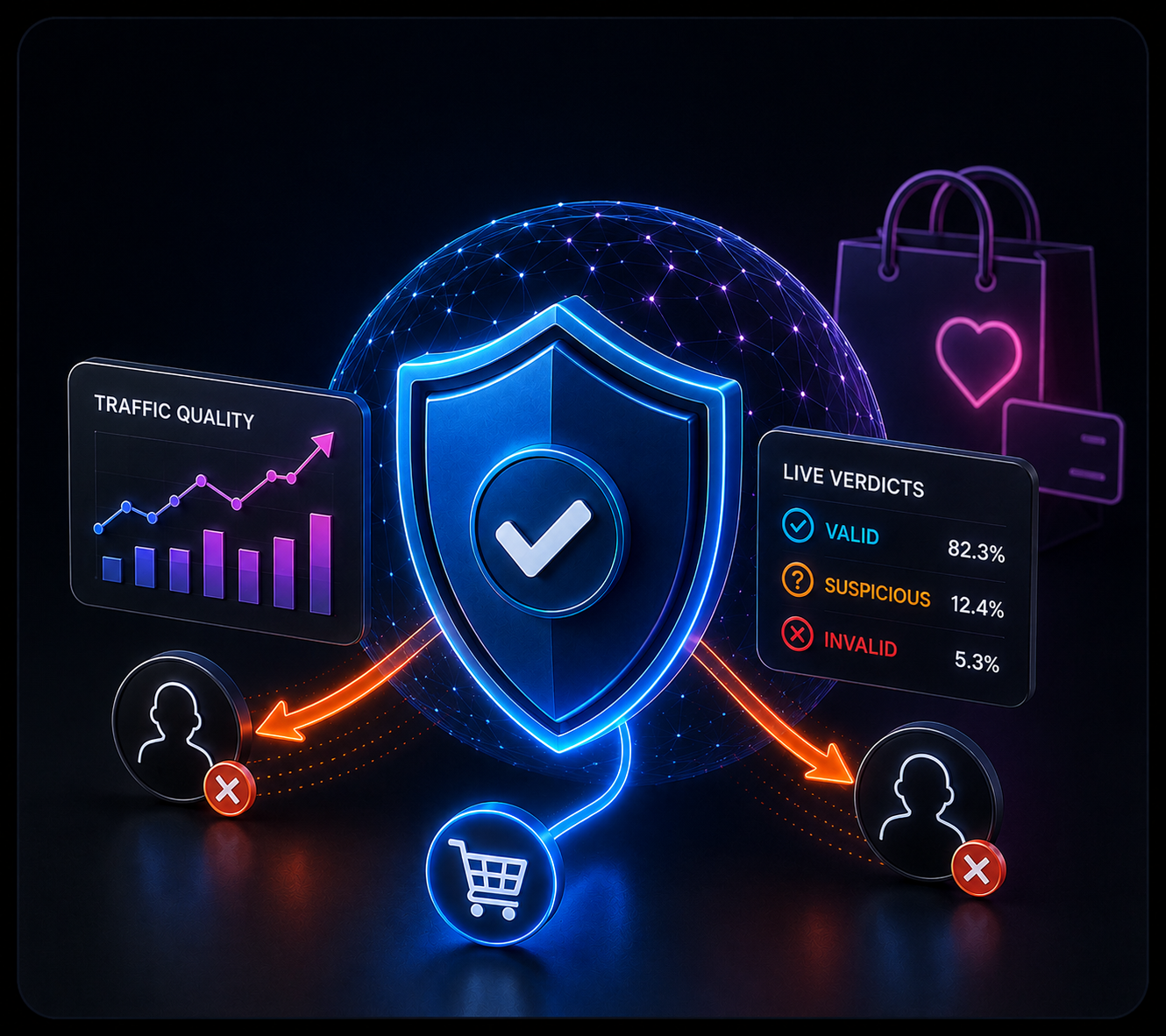 A security shield protecting adult e-commerce traffic from fraudulent clicks