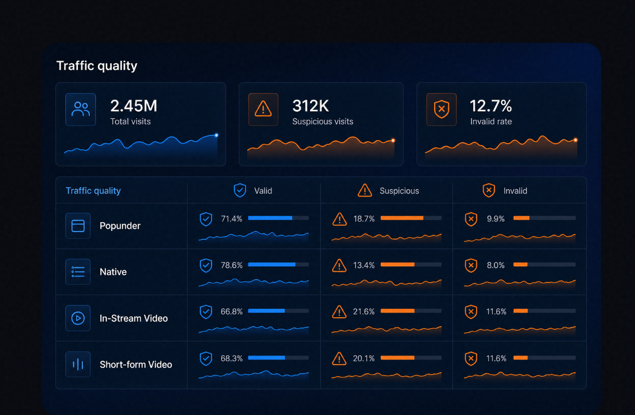 Traffic quality dashboard showing valid, suspicious, and invalid visits by advertising format