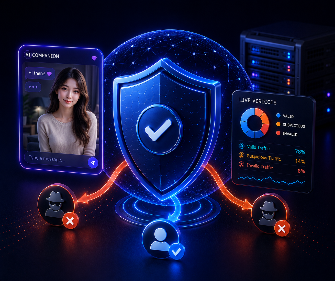 A security shield protecting AI companion app traffic from fraudulent clicks