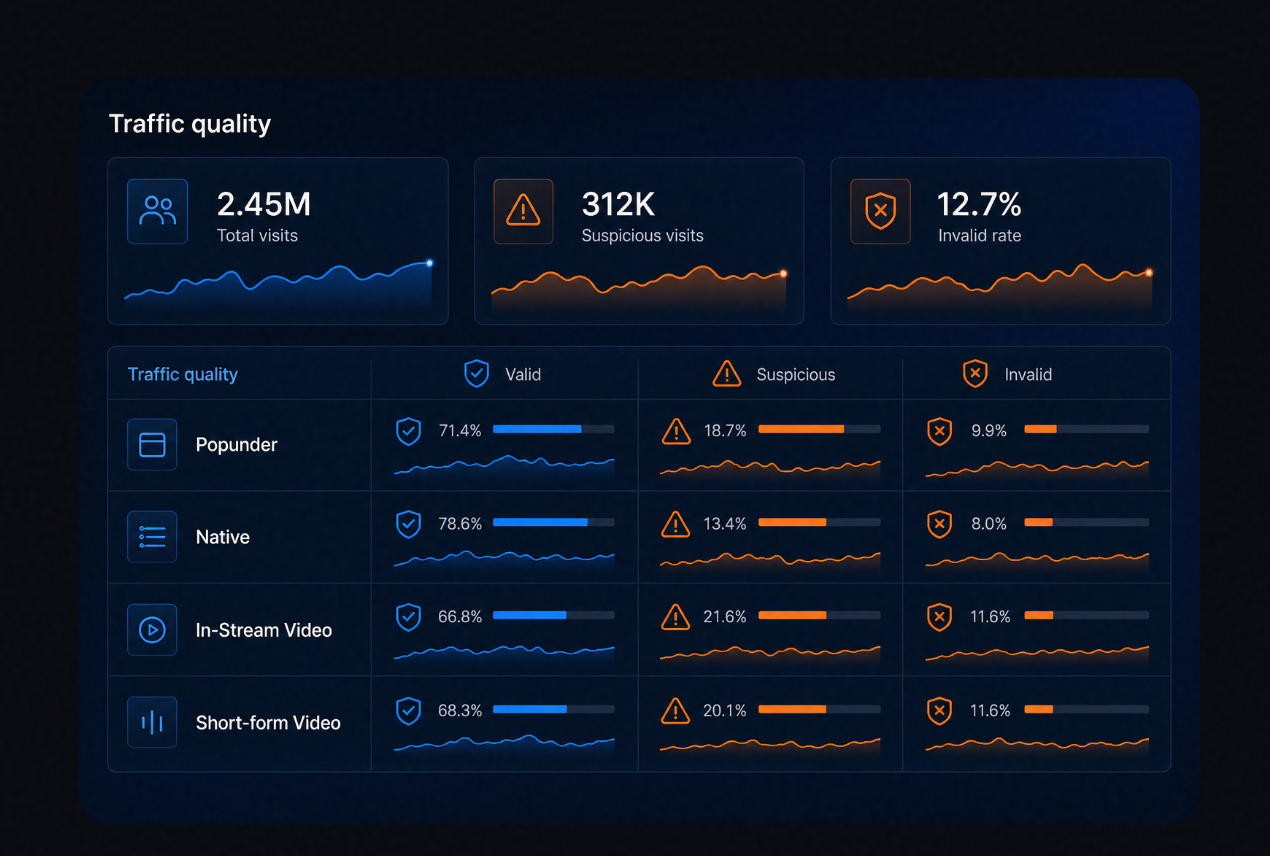 Traffic-quality dashboard showing valid, suspicious, and invalid paid media traffic across advertising formats